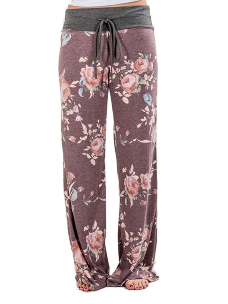 iChunhua Women's Comfy Stretch Floral Print Drawstring Palazzo Wide Leg Lounge Pants(M,Purple) - Image 1