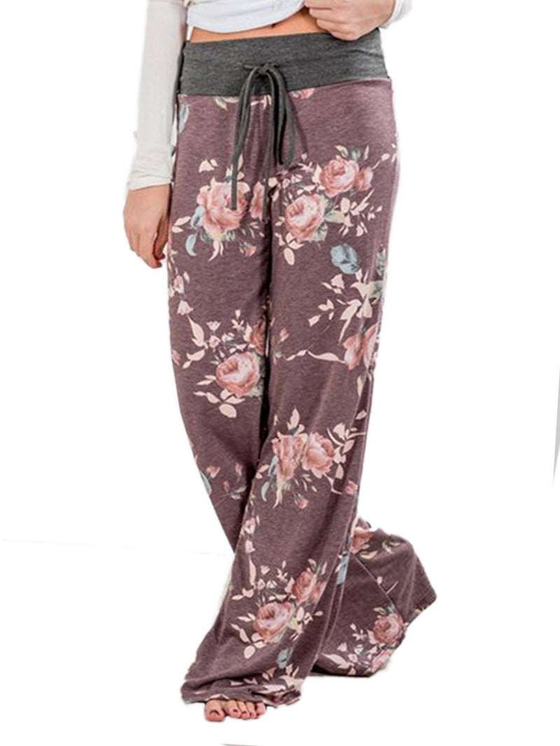 iChunhua Women's Comfy Stretch Floral Print Drawstring Palazzo Wide Leg Lounge Pants(M,Purple) - Image 2