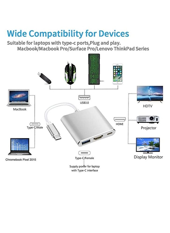 DUSALA USB Type-c to HDMI 4K + USB 3.0 Standard + PD Charging Port 3 in 1 Adapter, C Type(Silver) - Image 5