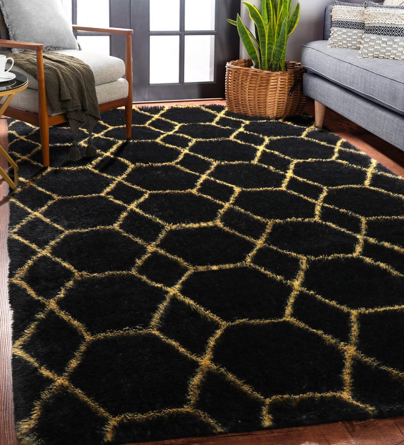 ONASAR 5x8 Rugs for Living Room Bedroom, Fluffy Black and Gold Area Rug, Geometric Boho Soft Plush Shaggy Floor Carpet Mat for Nursery Kids Girls Boys Teen Dorm Home Decor Aesthetic - Image 2
