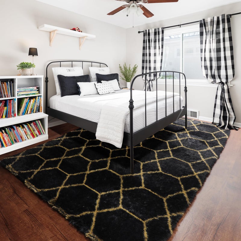 ONASAR 5x8 Rugs for Living Room Bedroom, Fluffy Black and Gold Area Rug, Geometric Boho Soft Plush Shaggy Floor Carpet Mat for Nursery Kids Girls Boys Teen Dorm Home Decor Aesthetic - Image 4