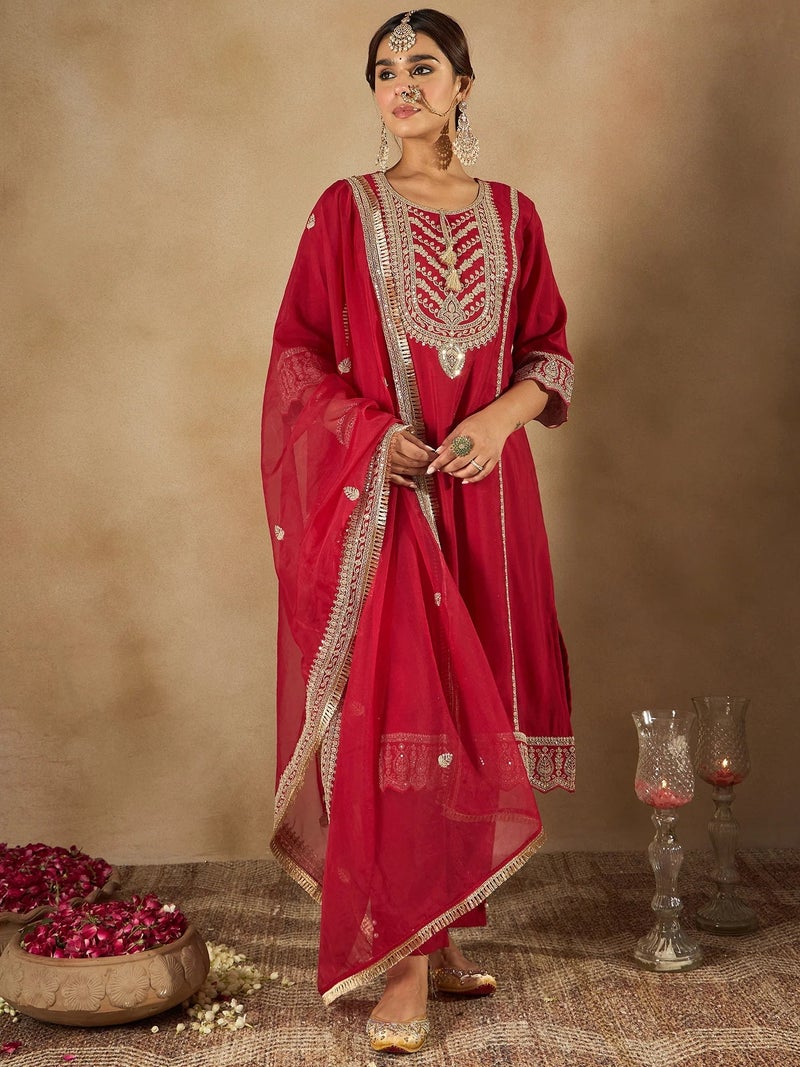 PRASHA Maroon Embroidered A-Line Kurta Trousers With Dupatta set - Image 1