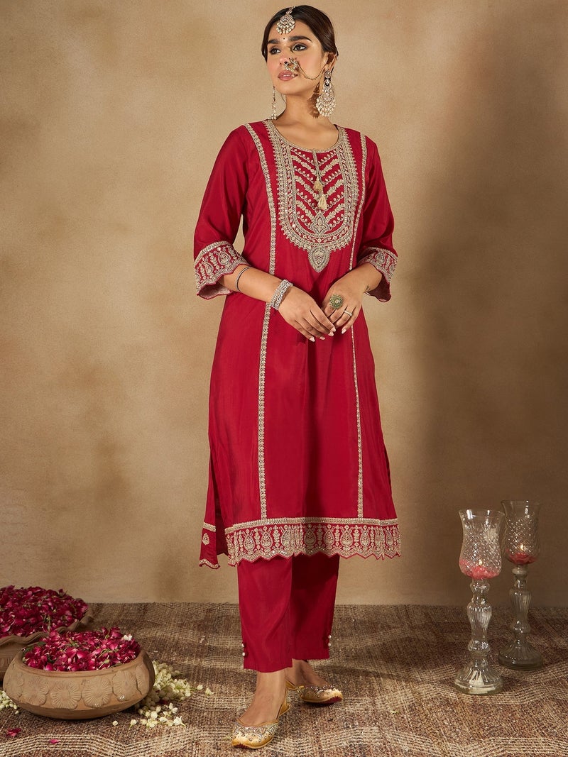 PRASHA Maroon Embroidered A-Line Kurta Trousers With Dupatta set - Image 2