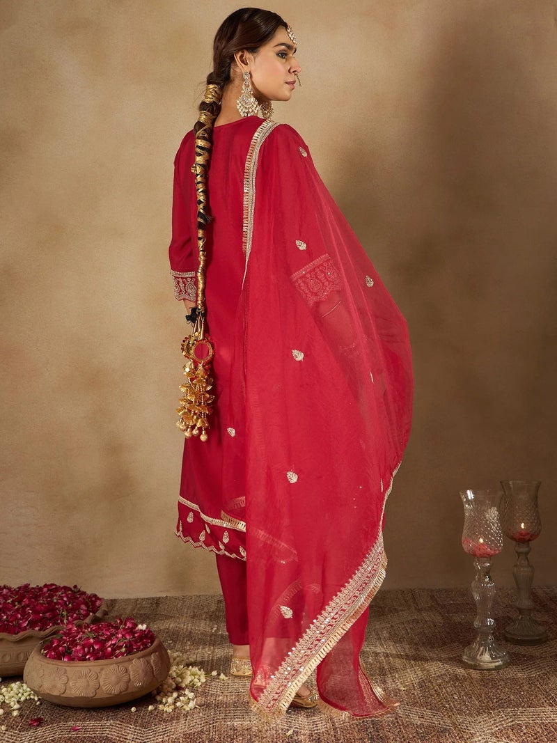 PRASHA Maroon Embroidered A-Line Kurta Trousers With Dupatta set - Image 3