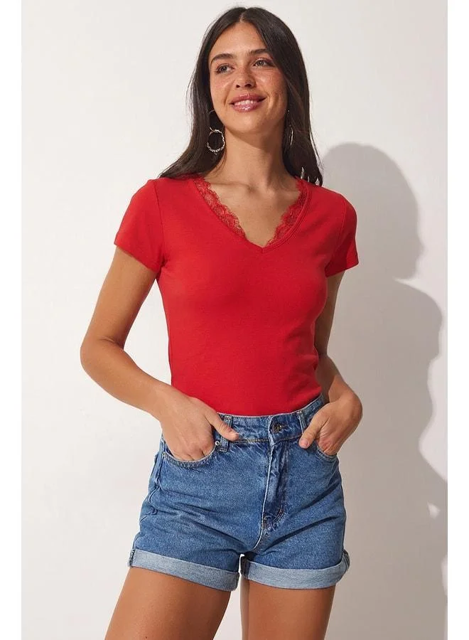 Lovely Istanbul Lace Detailed Viscose Blouse LRN0042 RED.