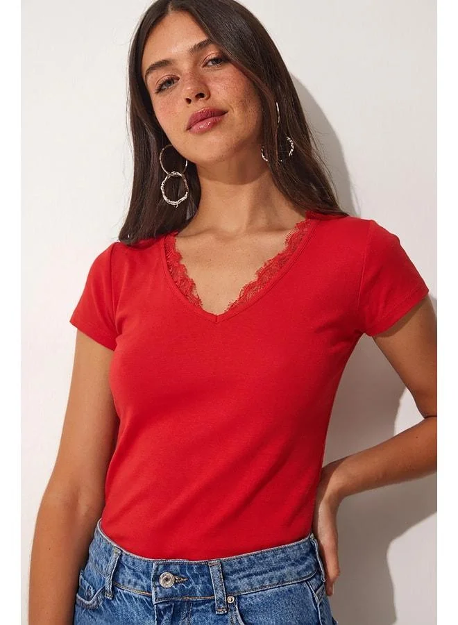 Lovely Istanbul Lace Detailed Viscose Blouse LRN0042 RED.