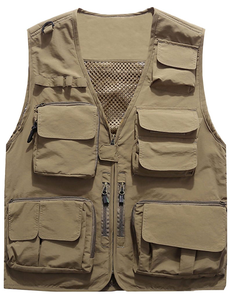 Flygo Mens Casual Lightweight Outdoor Fishing Work Safari Travel Photo Cargo Vest Jacket Multi Pockets3XLarge Khaki
