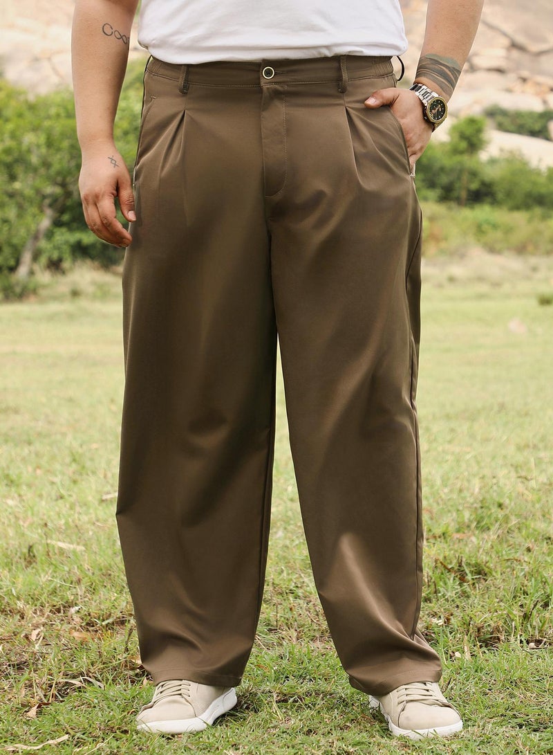 Instafab Plus Instafab Men's Chocolate Brown Pleated Straight-Fit Tailoured Trousers | Mid Rise , Straight Hem , Button Closure | Solid Plain | Polyester Blend Trousers For Casual Wear - Image 2