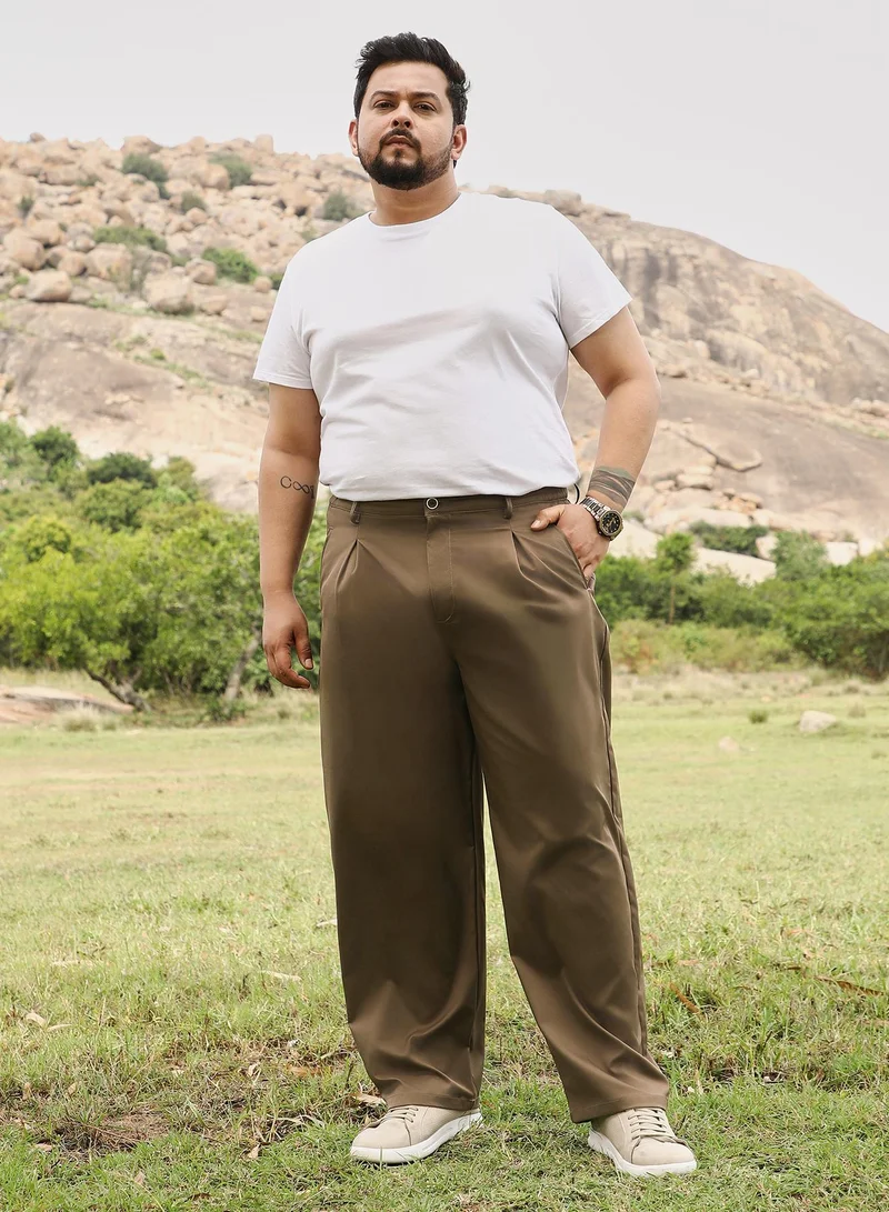 Instafab Plus  Instafab Men's Chocolate Brown Pleated Straight-Fit Tailoured Trousers | Mid Rise , Straight Hem , Button Closure | Solid Plain | Polyester Blend Trousers For Casual Wear for Men | Best Price UAE