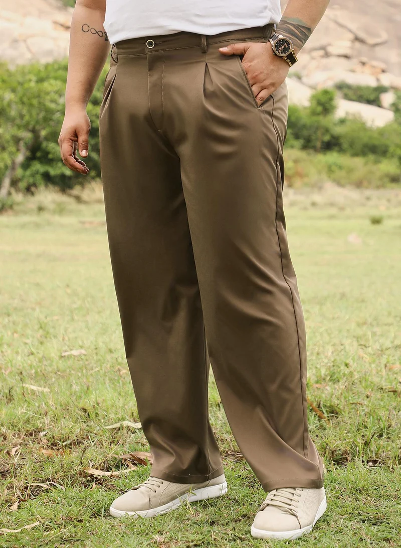 Instafab Plus  Instafab Men's Chocolate Brown Pleated Straight-Fit Tailoured Trousers | Mid Rise , Straight Hem , Button Closure | Solid Plain | Polyester Blend Trousers For Casual Wear for Men | Best Price UAE