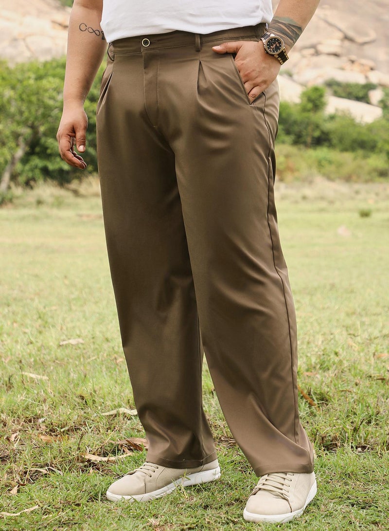Instafab Plus Instafab Men's Chocolate Brown Pleated Straight-Fit Tailoured Trousers | Mid Rise , Straight Hem , Button Closure | Solid Plain | Polyester Blend Trousers For Casual Wear - Image 3