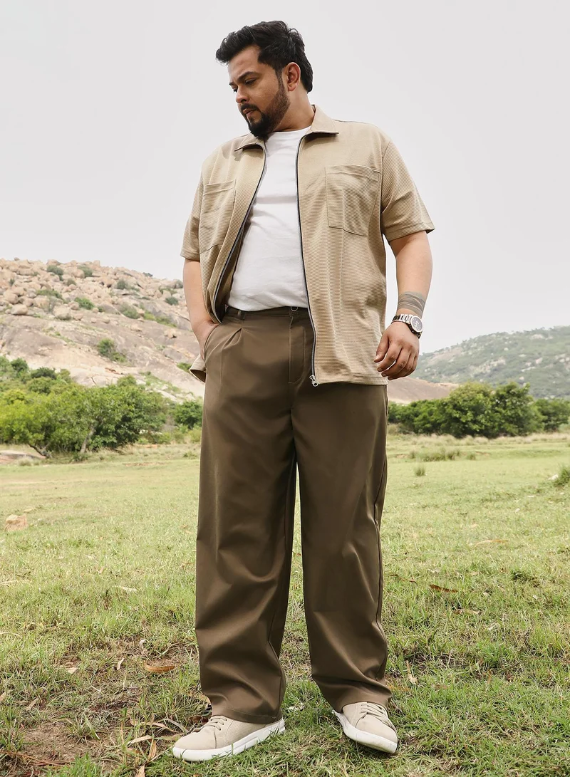 Instafab Plus  Instafab Men's Chocolate Brown Pleated Straight-Fit Tailoured Trousers | Mid Rise , Straight Hem , Button Closure | Solid Plain | Polyester Blend Trousers For Casual Wear for Men | Best Price UAE