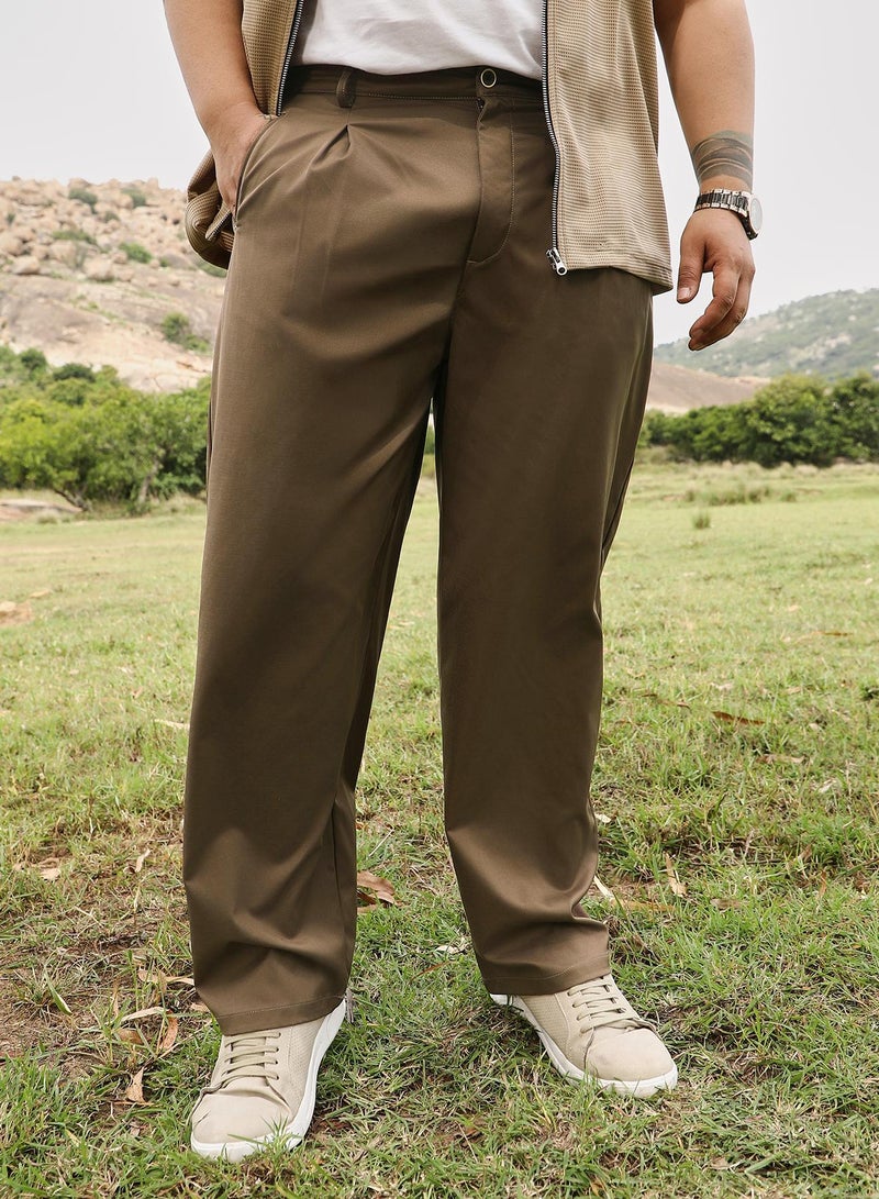 Instafab Plus Instafab Men's Chocolate Brown Pleated Straight-Fit Tailoured Trousers | Mid Rise , Straight Hem , Button Closure | Solid Plain | Polyester Blend Trousers For Casual Wear - Image 1