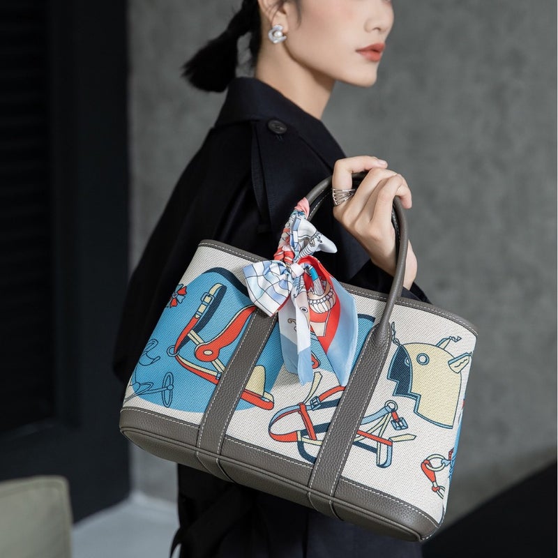 Handmade Cowhide Canvas Contrast Color Explosions Garden Bag Sale New Artistic Graffiti Shoulder Handbag For Women - Image 5
