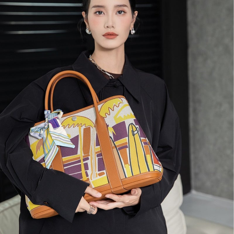 Handmade Cowhide Canvas Contrast Color Explosions Garden Bag Sale New Artistic Graffiti Shoulder Handbag For Women - Image 3