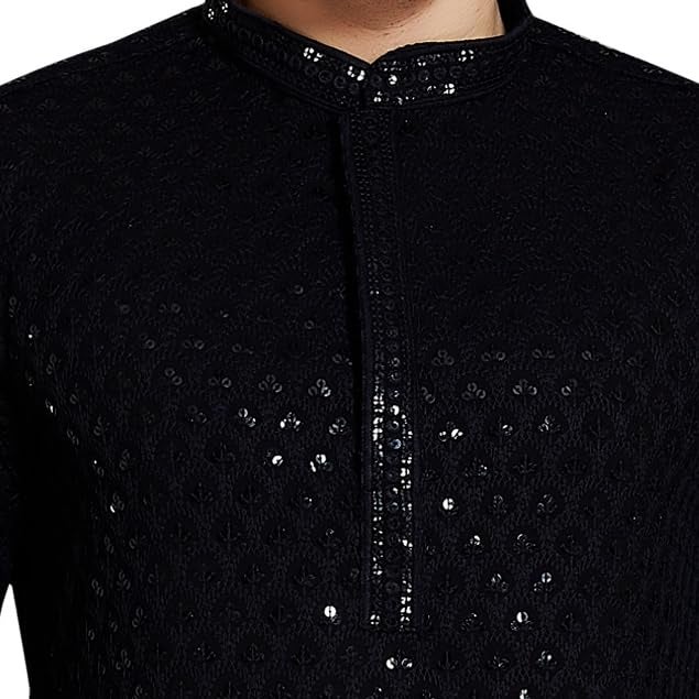 DIVISIVE Men's Sequince Embroidered Cotton Blend Slim Fit Kurta Pyjama Set (DKRT25_XXXL_Black) - Image 5