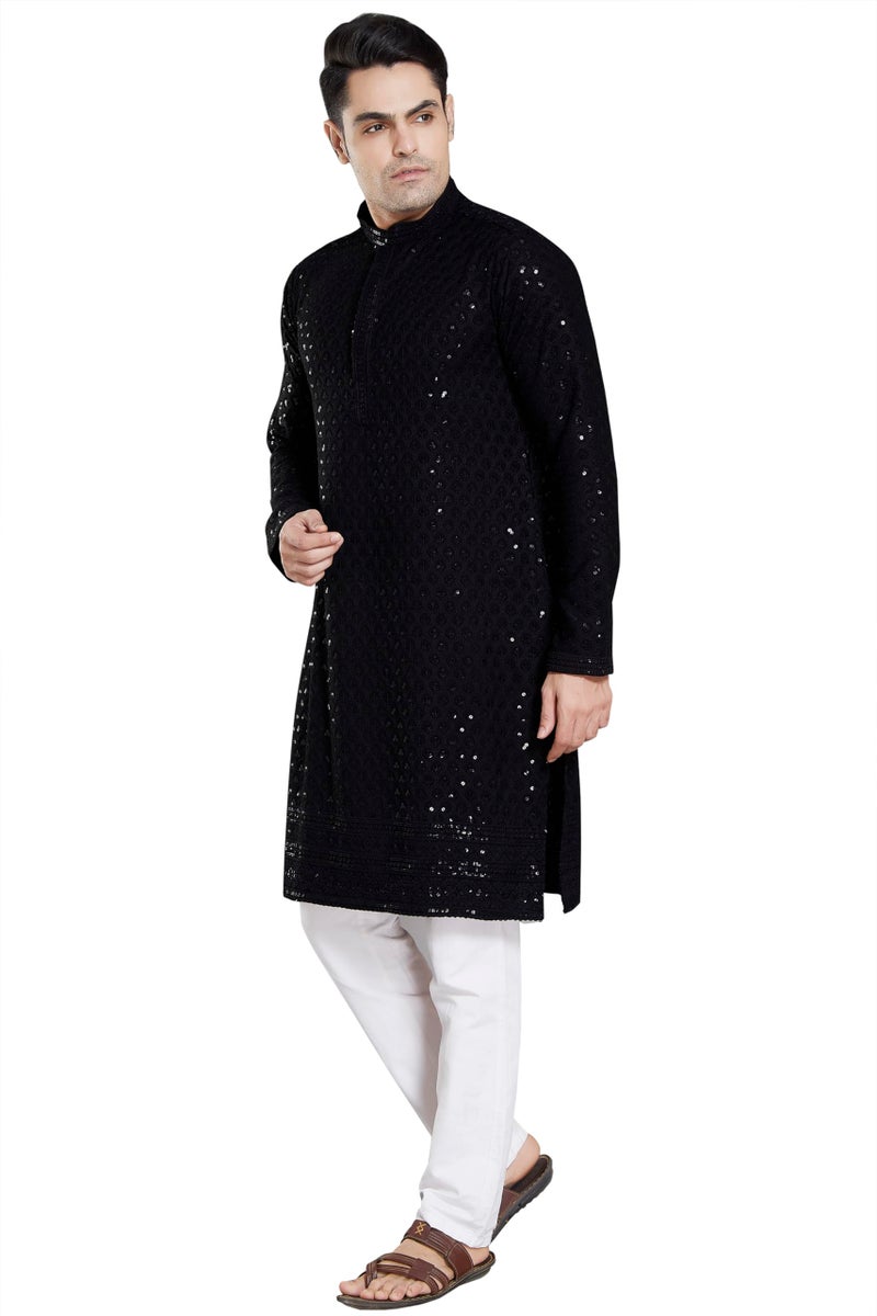 DIVISIVE Men's Sequince Embroidered Cotton Blend Slim Fit Kurta Pyjama Set (DKRT25_XXXL_Black) - Image 3