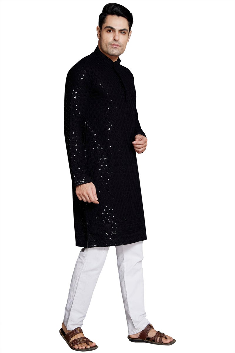 DIVISIVE Men's Sequince Embroidered Cotton Blend Slim Fit Kurta Pyjama Set (DKRT25_XXXL_Black) - Image 2