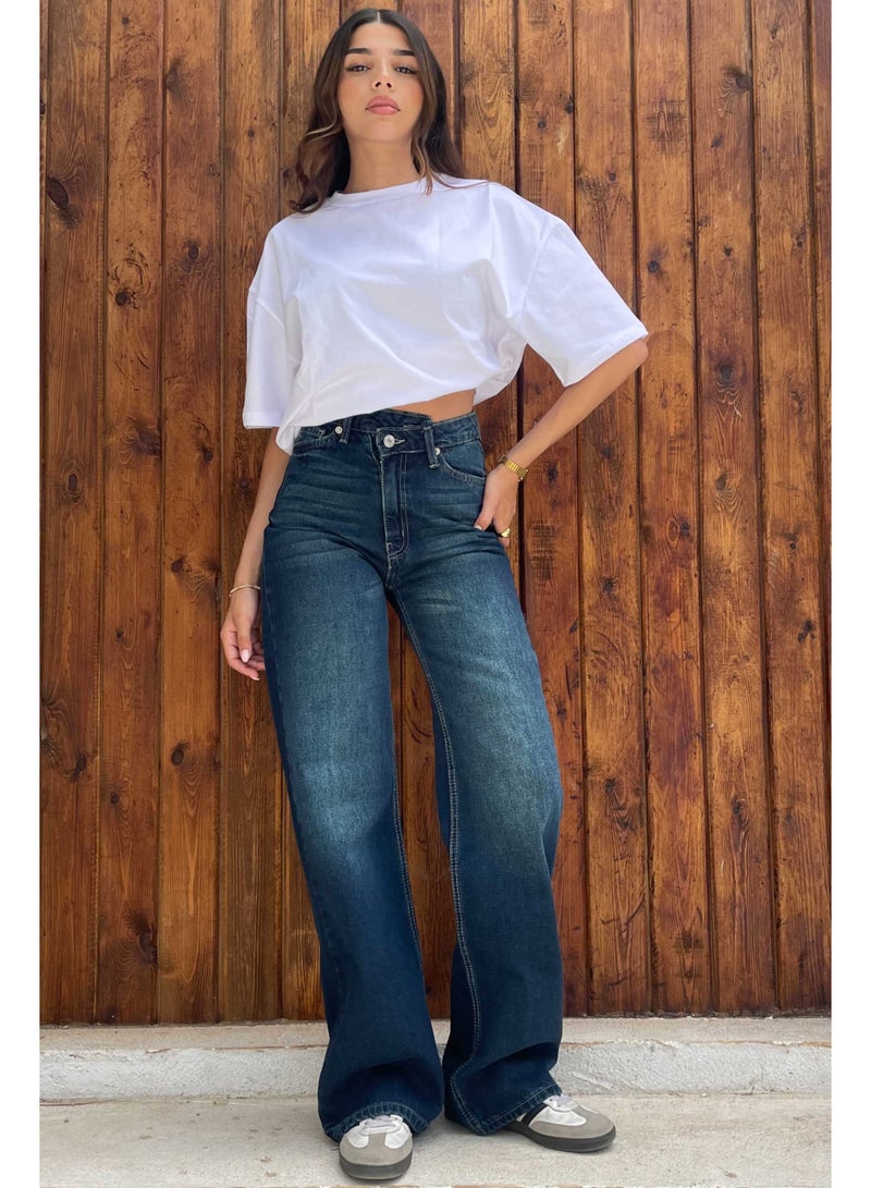 Deep Indigo Crossover Wide-Leg Jeans