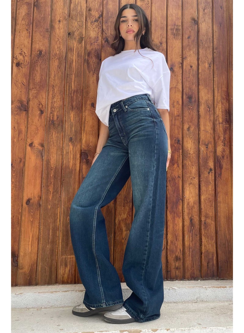 Deep Indigo Crossover Wide-Leg Jeans