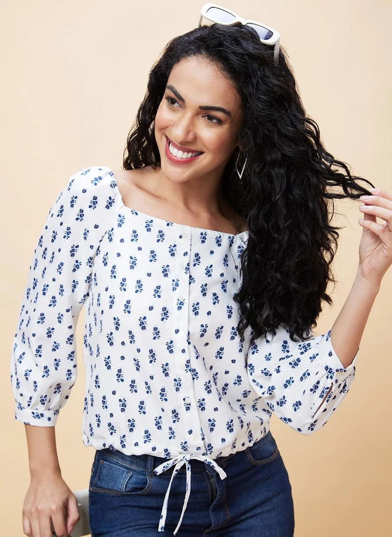 جلو باص بلوزة نسائية بطبعات زهور وأكمام منتفخة