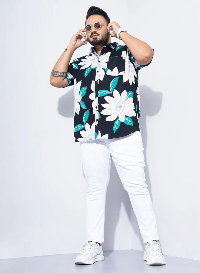 تايك تو قميص رجالي بمقاس كبير قصير الأكمام مطبع بالزهور