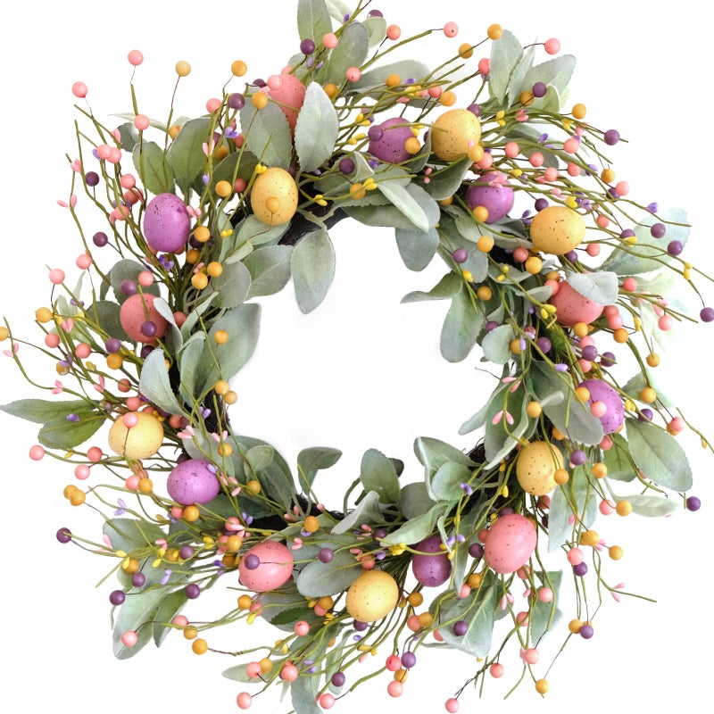 Bibelot 20 Inch Spring Easter Colorful Eggs Eucalyptus Leaves for Front Door, Eggs Berries Wreath with Artificial Green Leaves for Inside and Outside, Summer Spring Home Decor Wreath - Image 3