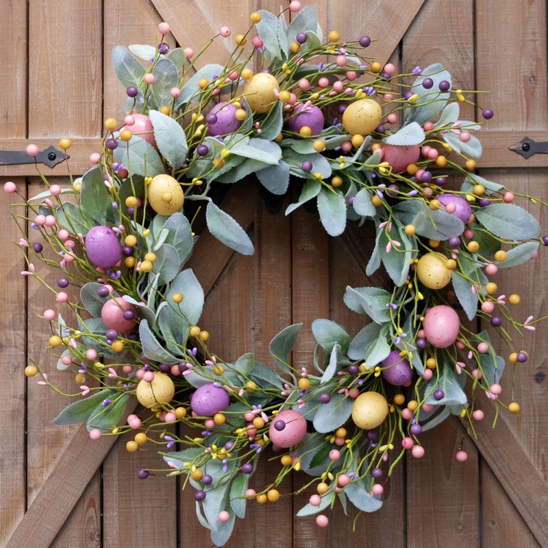 Bibelot 20 Inch Spring Easter Colorful Eggs Eucalyptus Leaves for Front Door, Eggs Berries Wreath with Artificial Green Leaves for Inside and Outside, Summer Spring Home Decor Wreath - Image 1