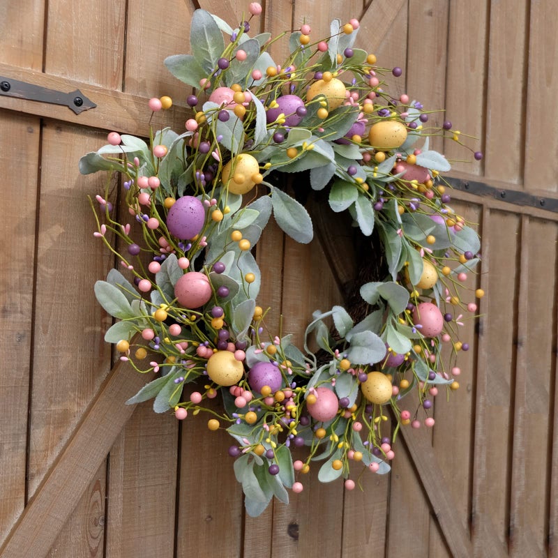Bibelot 20 Inch Spring Easter Colorful Eggs Eucalyptus Leaves for Front Door, Eggs Berries Wreath with Artificial Green Leaves for Inside and Outside, Summer Spring Home Decor Wreath - Image 2