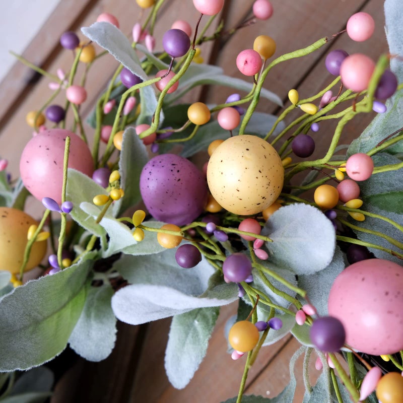 Bibelot 20 Inch Spring Easter Colorful Eggs Eucalyptus Leaves for Front Door, Eggs Berries Wreath with Artificial Green Leaves for Inside and Outside, Summer Spring Home Decor Wreath - Image 4