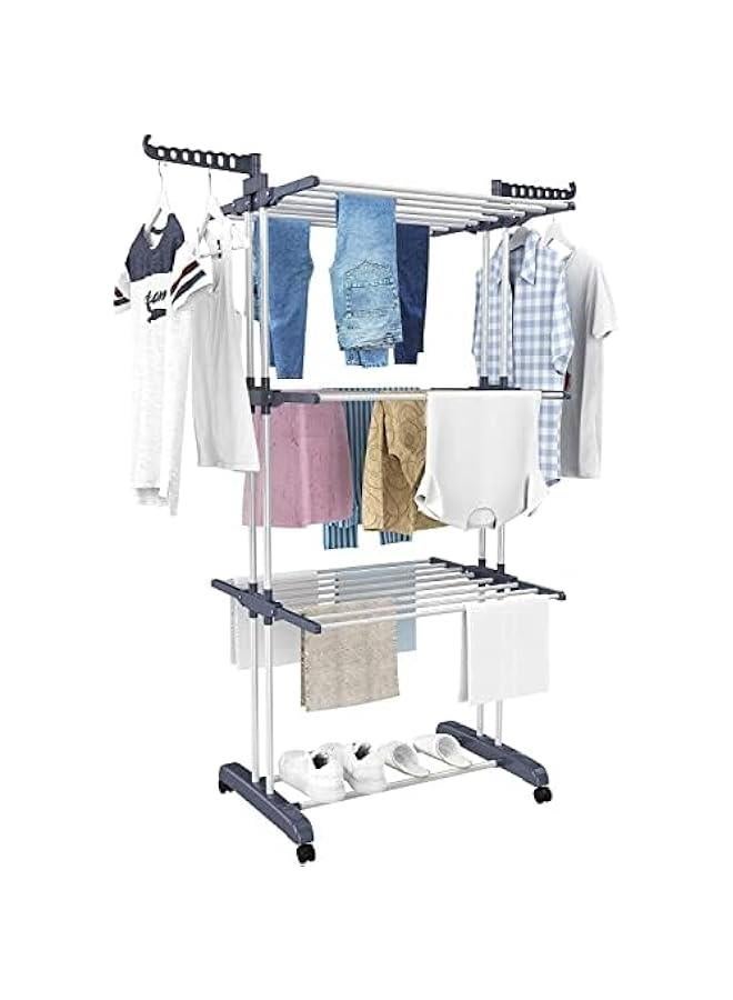 تراسل رف تجفيف ملابس من تراسل كبير قابل للطي مكون 4 طبقات متحرك بـ عجلات مقاس 67.7 × 19.7 30 ارتفاع 1.7 متر عرض 50 سم طول 76 متعدد الوظائف ومصنوع ستانلس ستيل عالي - Image 1