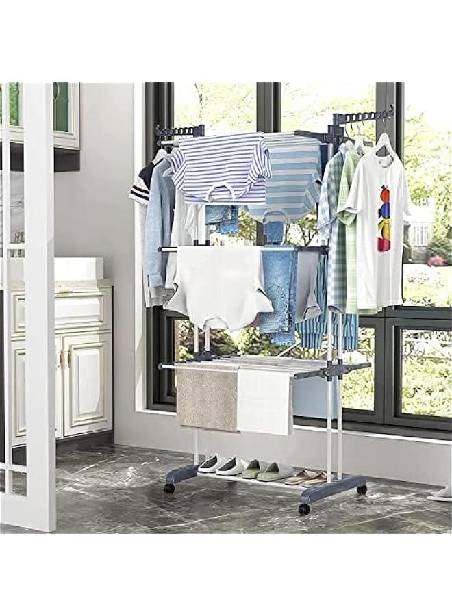 تراسل رف تجفيف ملابس من تراسل كبير قابل للطي مكون 4 طبقات متحرك بـ عجلات مقاس 67.7 × 19.7 30 ارتفاع 1.7 متر عرض 50 سم طول 76 متعدد الوظائف ومصنوع ستانلس ستيل عالي - Image 2