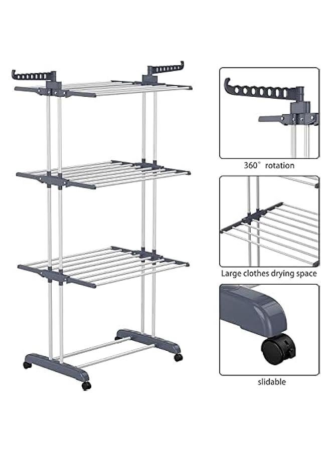 تراسل رف تجفيف ملابس من تراسل كبير قابل للطي مكون 4 طبقات متحرك بـ عجلات مقاس 67.7 × 19.7 30 ارتفاع 1.7 متر عرض 50 سم طول 76 متعدد الوظائف ومصنوع ستانلس ستيل عالي - Image 3