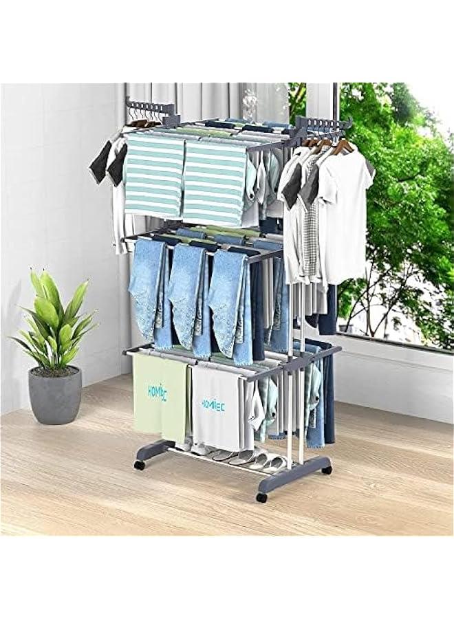 تراسل رف تجفيف ملابس من تراسل كبير قابل للطي مكون 4 طبقات متحرك بـ عجلات مقاس 67.7 × 19.7 30 ارتفاع 1.7 متر عرض 50 سم طول 76 متعدد الوظائف ومصنوع ستانلس ستيل عالي - Image 4