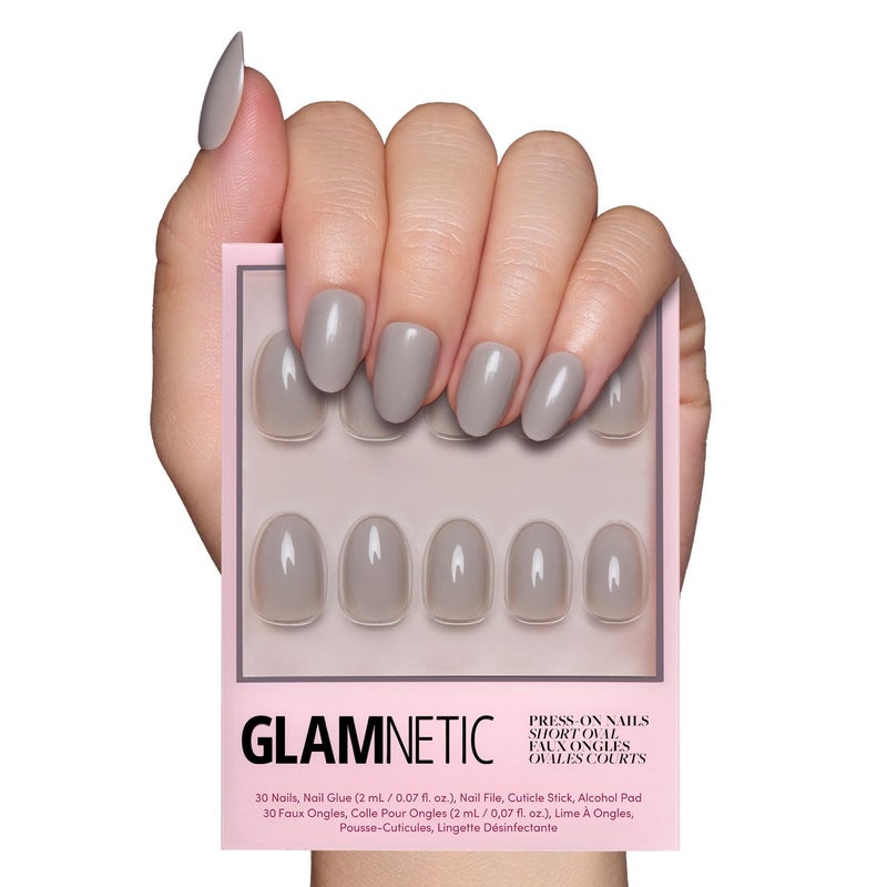 Glamnetic Press On Nails - Pure Gray | Opaque Light Gray Short Oval Fake Nails, Salon Quality | 15 Sizes - 30 Nail Kit - Image 1
