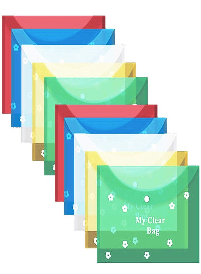 GreatDio® A4 Size Document File Bag | Transparent Floral Print Envelope Holder Storage Case with Snap Button | Clear Plastic Organizer for Papers, Stationery (Pack of 10) - Image 1