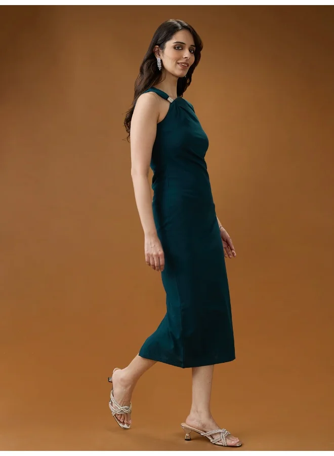 globus Globus Women Green One Shoulder Twisted Detail Back Slit Midi Bodycon Party Dress