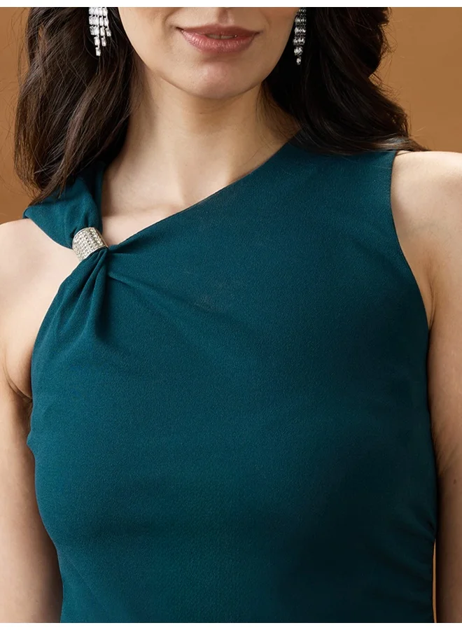 globus Women Green One Shoulder Twisted Detail Back Slit Midi Bodycon Party Dress