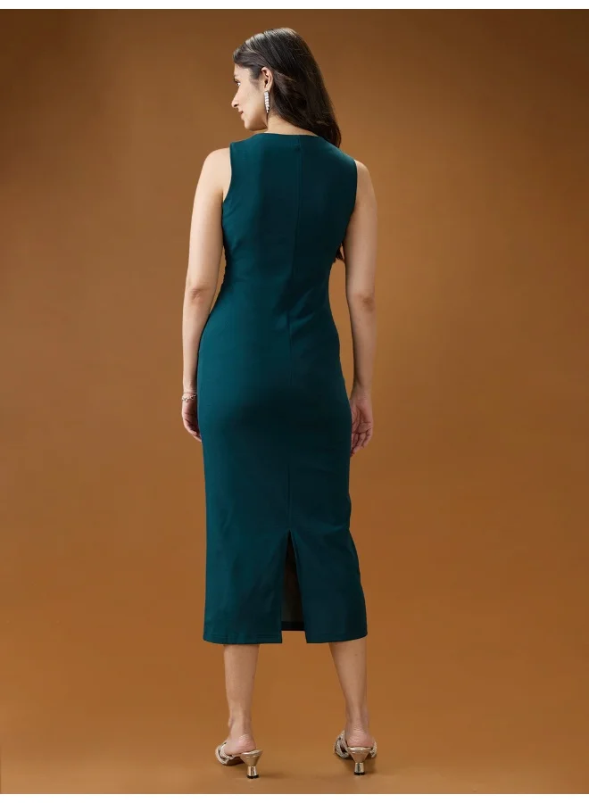 globus Women Green One Shoulder Twisted Detail Back Slit Midi Bodycon Party Dress