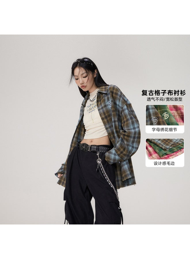 EPTISON Spring Shirt For Women - High-end Retro Checkered Shirt, Men's Long-sleeve Frayed Embroidered Loose-fit Unisex Shirt - Image 2