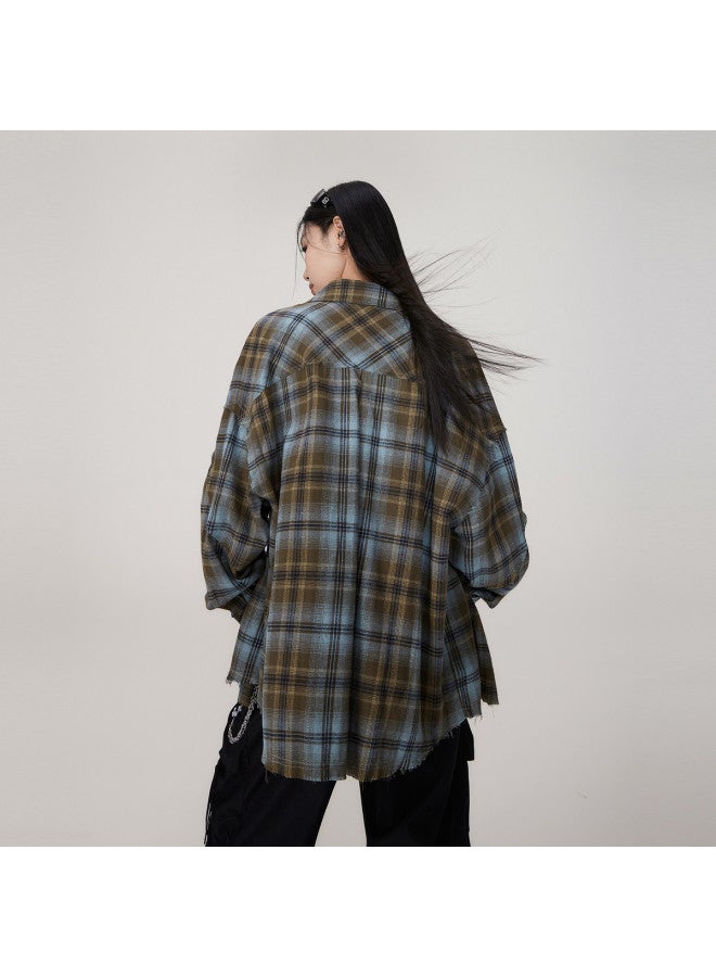 EPTISON Spring Shirt For Women - High-end Retro Checkered Shirt, Men's Long-sleeve Frayed Embroidered Loose-fit Unisex Shirt - Image 5