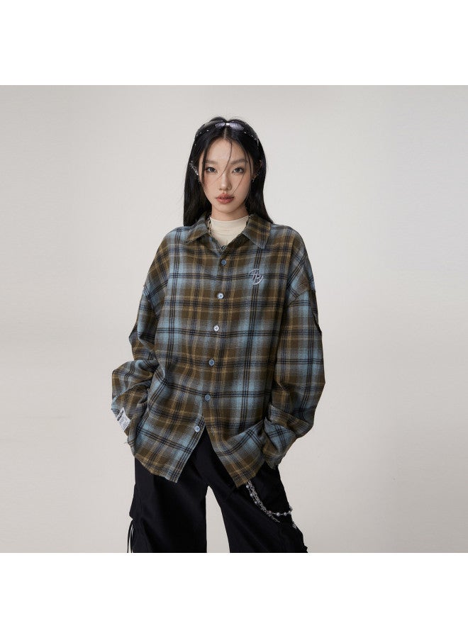 EPTISON Spring Shirt For Women - High-end Retro Checkered Shirt, Men's Long-sleeve Frayed Embroidered Loose-fit Unisex Shirt - Image 3