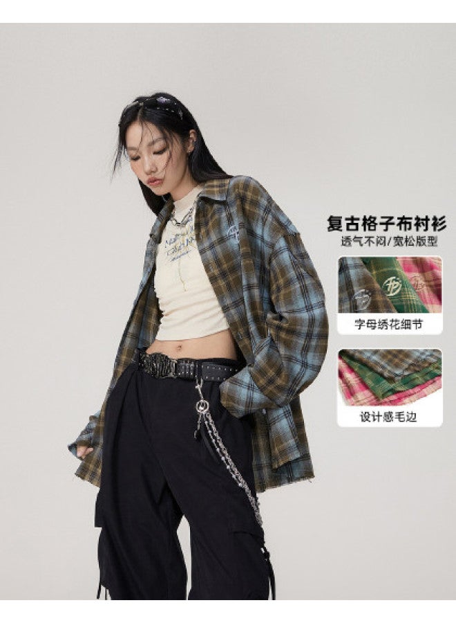 EPTISON Spring Shirt For Women - High-end Retro Checkered Shirt, Men's Long-sleeve Frayed Embroidered Loose-fit Unisex Shirt - Image 1