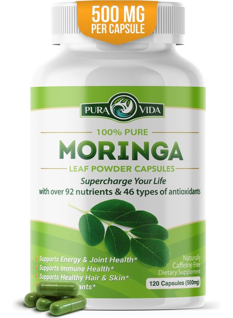 Pura Vida Moringa Capsules Single Origin Moringa Powder Organic. Moringa Leaf. Energy, Metabolism, & Immune Support. 120ct. 500mg Caps. - Image 1