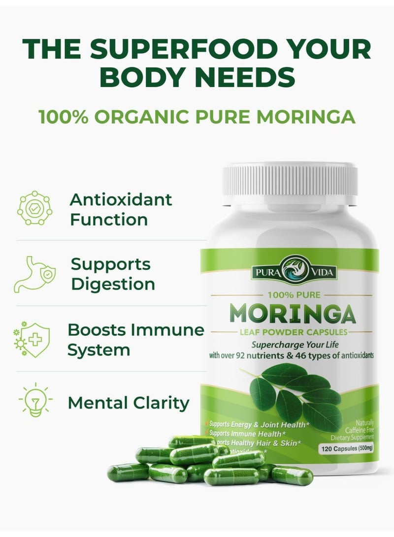 Pura Vida Moringa Capsules Single Origin Moringa Powder Organic. Moringa Leaf. Energy, Metabolism, & Immune Support. 120ct. 500mg Caps. - Image 5