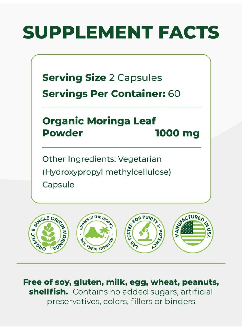 Pura Vida Moringa Capsules Single Origin Moringa Powder Organic. Moringa Leaf. Energy, Metabolism, & Immune Support. 120ct. 500mg Caps. - Image 3