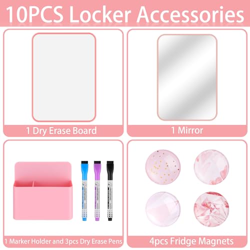 HAUTOCO Locker Accessories Kit, Back to School Essentials 10 Pieces Locker Organizer Supplies for School Work, Includes Whiteboard, Mirror, Magnetic Dry Erase Markers Holder and More, Pink - Image 2