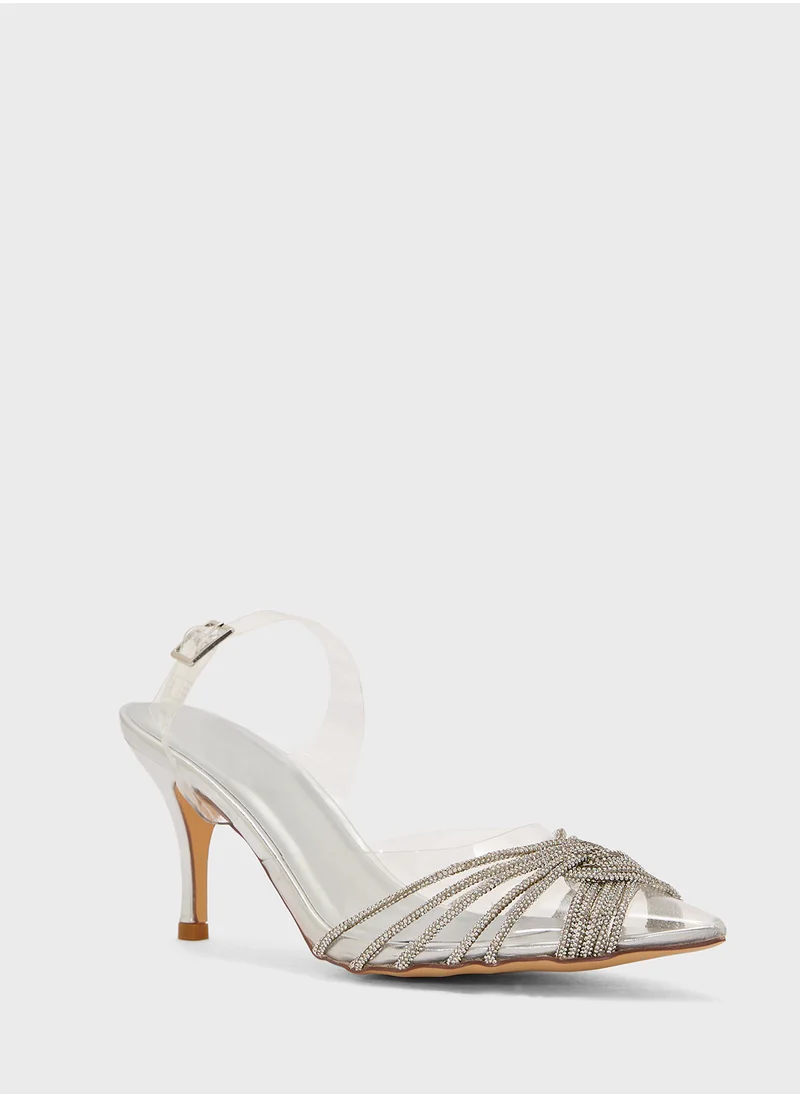 Truffle Diamante Embilleshed Pointy Pump