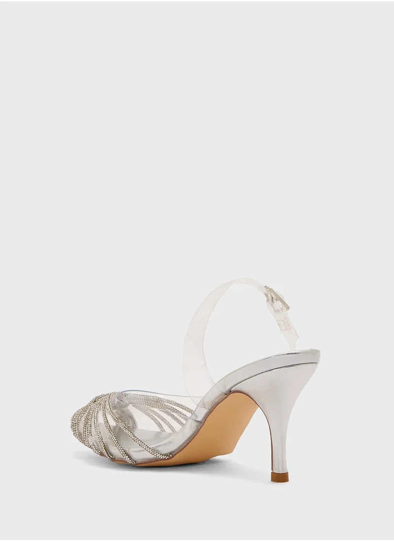 Truffle Diamante Embilleshed Pointy Pump