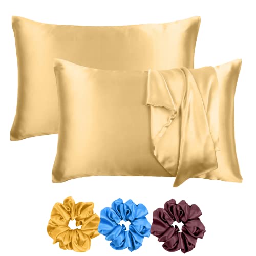 Riara Satin Silk Pillowcase Pillow Case Covers with Envelop Closure for Hair and Skin Home Bed Decor Set of 2 Pillowcase Free 3 Pc Scrunchie (Standard Size(20" 26"), Gold) - Image 1